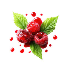 Fresh raspberries with juice and leaves