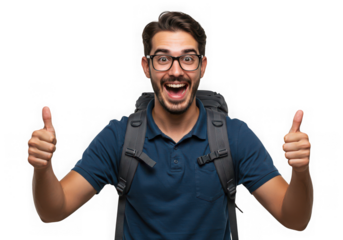 Excited young man with backpack gives two thumbs up isolated on transparent background
