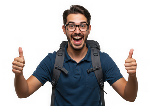 Excited young man with backpack gives two thumbs up isolated on transparent background