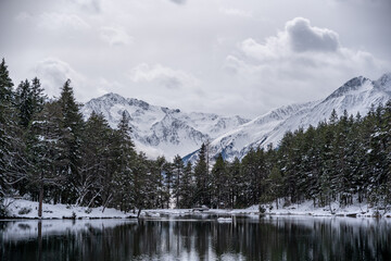 Snowy Evergreen Forest & Majestic Mountains Reflected in Calm Winter Lake Under Overcast Sky