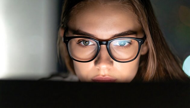 Close-up of a woman wearing glasses, focused on a laptop in the dark