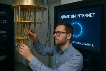 Scientist connecting cables of quantum computer in laboratory with quantum internet and zero latency channel written on screen