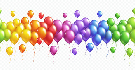 Balloons rainbow seamless border isolated on transparent background. Vector colorful festive 3d helium balloons template for anniversary, birthday party design