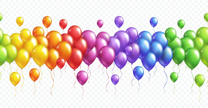 Balloons rainbow seamless border isolated on transparent background. Vector colorful festive 3d helium balloons template for anniversary, birthday party design