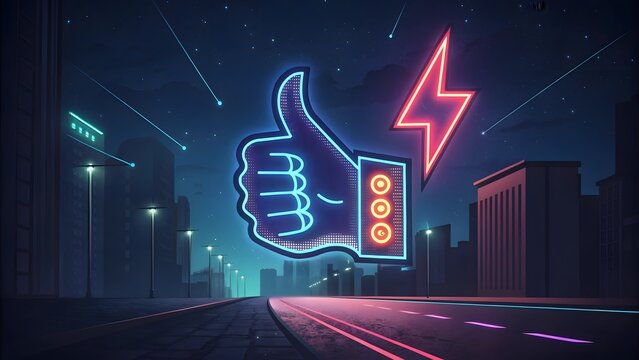 Neon Thumbs Up and Lightning Bolt Cityscape