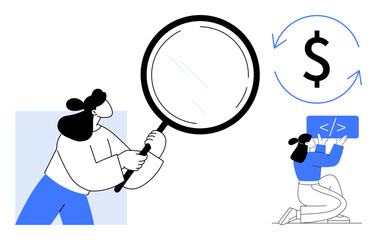 Woman holding a magnifying glass, studying a coding screen and recurring dollar sign, symbolizing analysis, exploration, finance, coding, development, innovation productivity. Ideal for strategy