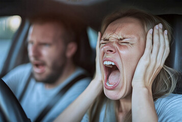 car accident, man and woman in a car close-up before the collision. The woman closed her eyes in horror. Tension and fear on their faces, distressed. couple inside a car. High quality photo