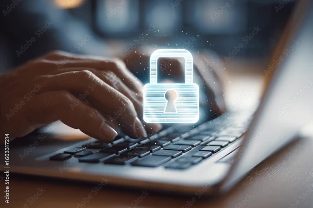 Poster digital technology background with a digital padlock icon and a businessman's hands typing on a lapt