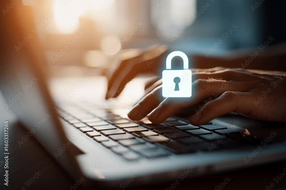 Poster close-up of hands typing on a laptop with a digital padlock icon, symbolizing data security and cybe