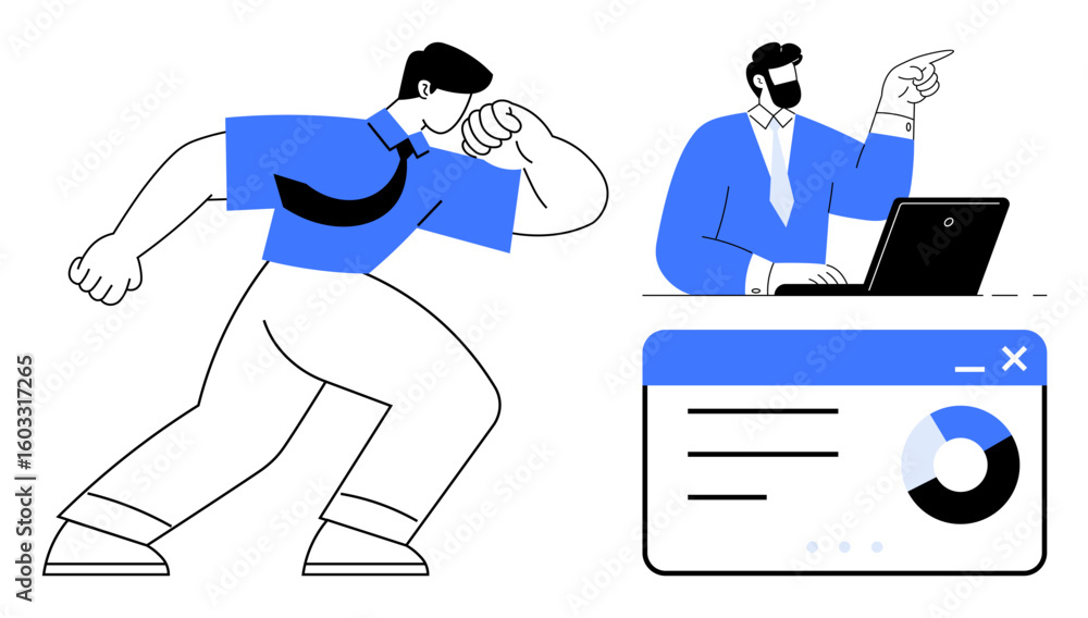 Poster one individual pointing at a laptop screen, another symbolizing action. includes data visualization.