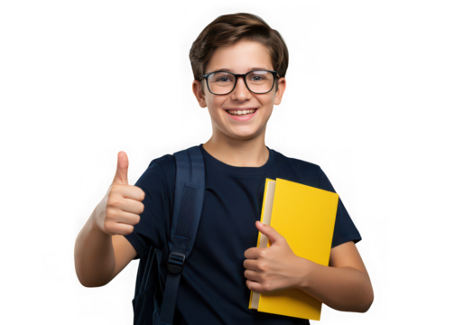 Happy young student with glasses holding a book and giving a thumbs up isolated on transparent background