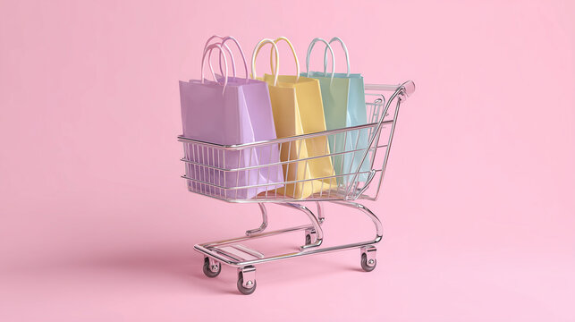 Flat lay of a small silver cart carrying shopping bags on a soft pink surface, symbolizing consumerism, fashion, or e-commerce.

