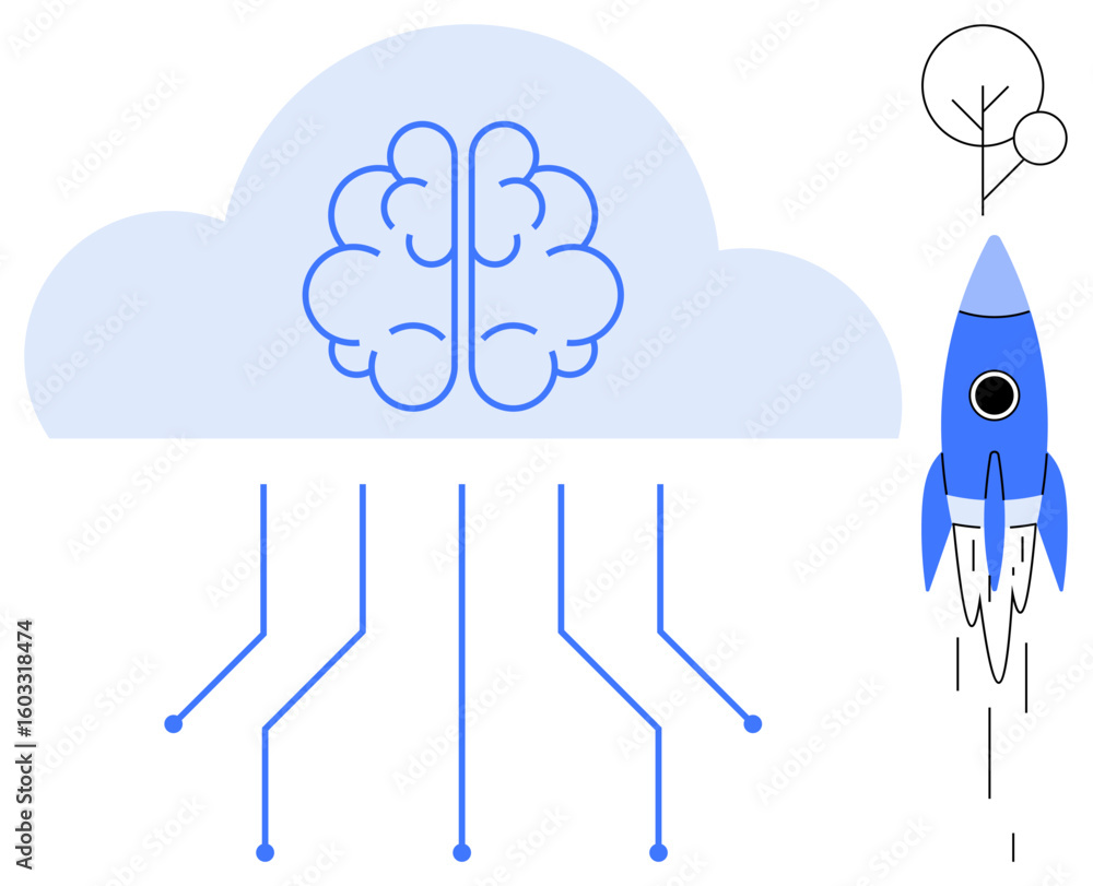 Poster brain inside cloud linked to digital lines beside rocket symbolizing connectivity, growth, progress.