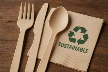Wooden cutlery set on a napkin with recycling logo and the word sustainable, promoting eco friendly dining and environmental responsibility