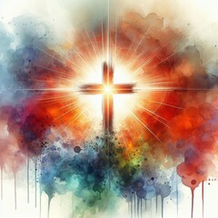 Light cross in stormy revelation sky. AI generated illustration
