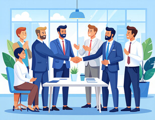 Business deal celebration with handshake and team support in a modern office setting