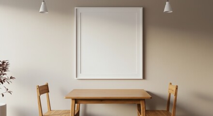Empty Frame in Modern Room: An empty, rectangular frame hangs in a minimalist dining area, flanked by pendant lights and a wooden table set with two chairs.