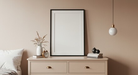 Minimalist Bedroom Aesthetic: A framed blank artwork, a vintage lamp, a vintage alarm clock and a bed side table create a minimalist aesthetic in a serene bedroom.