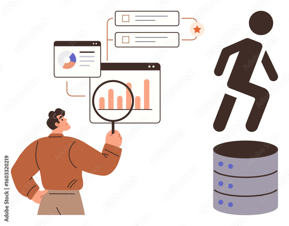Aufkleber businessman examining data on charts using magnifying glass, symbolic person jumping above database.