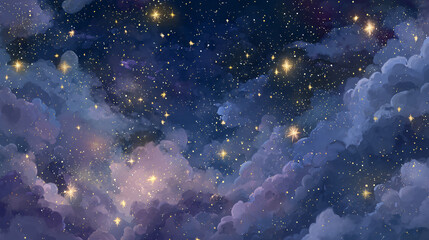 Enchanting celestial tapestry with sparkling stars and soft clouds at night, a serene cosmic display.