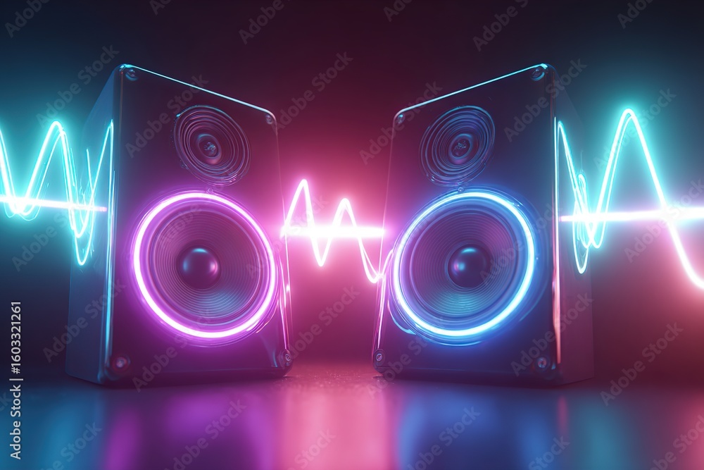 Poster sound pulses create vibrant arcs between two speakers in a dynamic display of audio energy