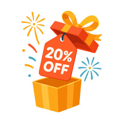 A Gift Box Opening with a 20 Percent Off Tag Featuring a Cat Illustration on a White Background