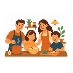 Happy Family Cooking Together A Vector Illustration of Parents and Children Preparing Food in a Kitchen Scene on a White Background