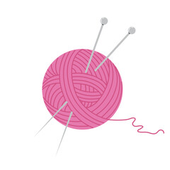 Flat design illustration of a pink yarn ball with two knitting needles and loose thread on white background