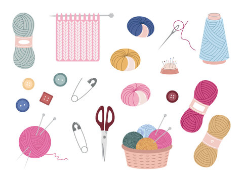 Collection of colorful flat style knitting and sewing tools including yarn, needles, scissors, safety pins, thread spools, buttons, and pincushion on white background