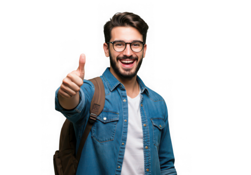Happy young man with glasses and backpack giving thumbs up isolated on transparent background