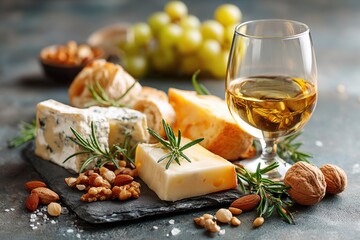 Cheeses paired with rosemary crusty baguette and wine on a rustic table