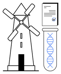 Windmill, DNA in test tube, official document with seal. Ideal for sustainability, innovation, science, biotechnology, renewable energy eco-friendly solutions research. Simple flat metaphor