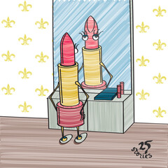 Lipstick Admires Her Reflection in Mirror Telling Story of Appearance Addiction Symbolic Surrealistic Concept from 25 Stories Edition - Multicolor on White Background - Hand Drawn Graphic Design