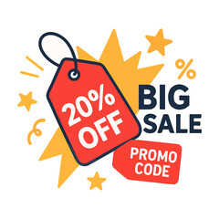 Red 20 Percent Off Sale Tag with Yellow Burst on White Background Design for Marketing Promotions
