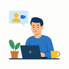 Remote Work Scene with Laptop Icons and Dog Illustration on White Background for Digital Design