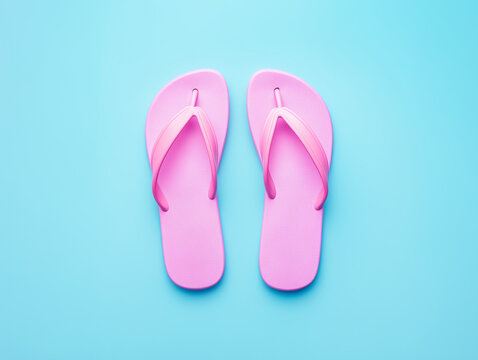 A pair of pink flip flops on a pastel light blue background