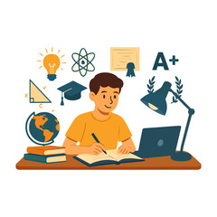 Vector Illustration of a Student Studying with Books and a Laptop on a Clean White Background Perfect for Education Designs