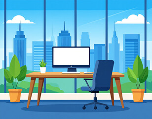 Fototapeta premium Modern Office Workspace with City View, Plants, and Computer Screen Illustration