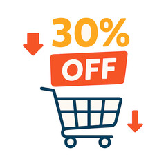 Shopping Cart Vector Illustration with a Cat Featuring 30 Percent Off Banners on a Clean White Background for Retail Promotions
