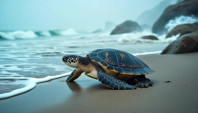 Sea turtle walking on the beach slowly