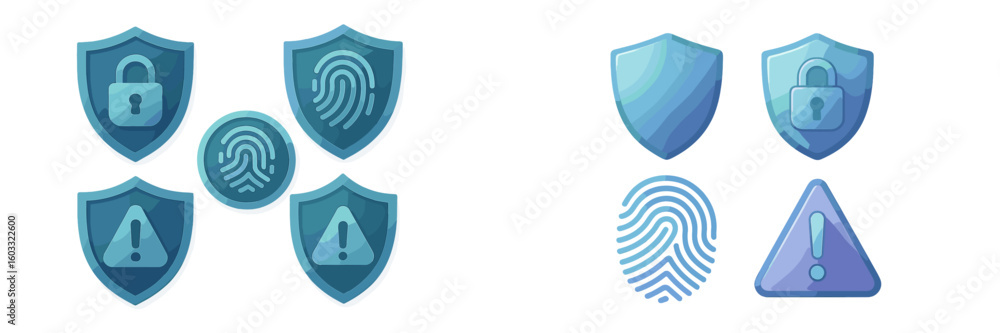 Poster shields and symbols representing security and privacy concepts for digital protection and data safet