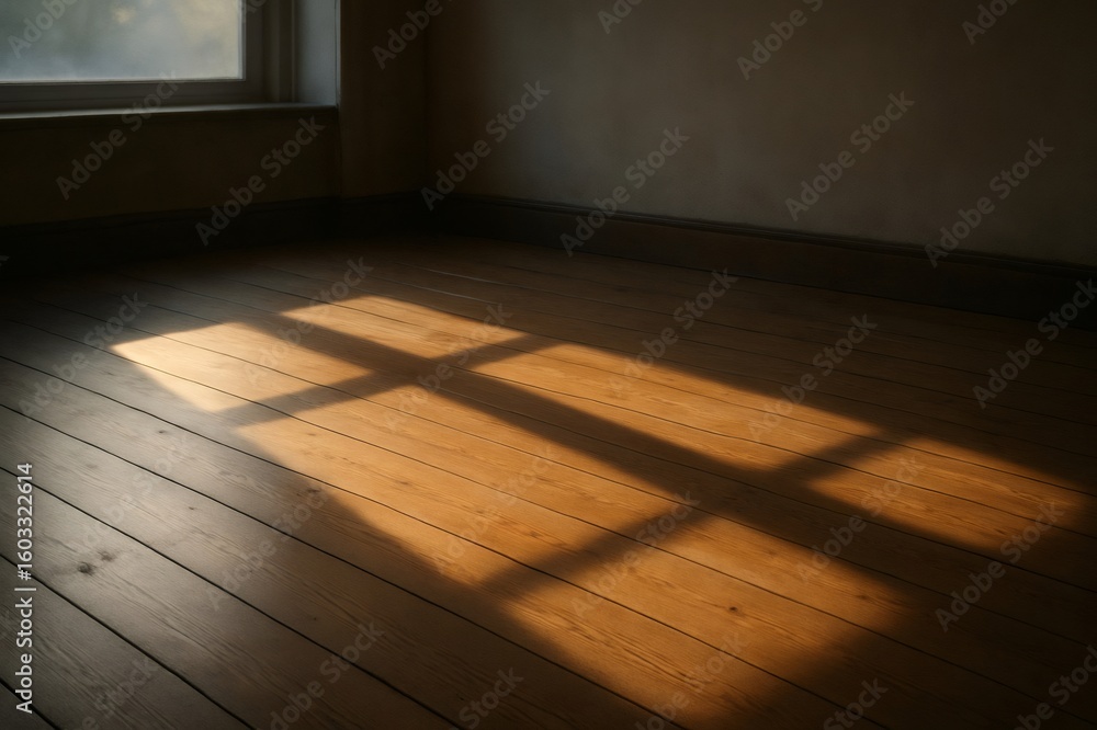 Poster sunlight streaming through window, creating geometric shadows on polished hardwood floor in empty ro