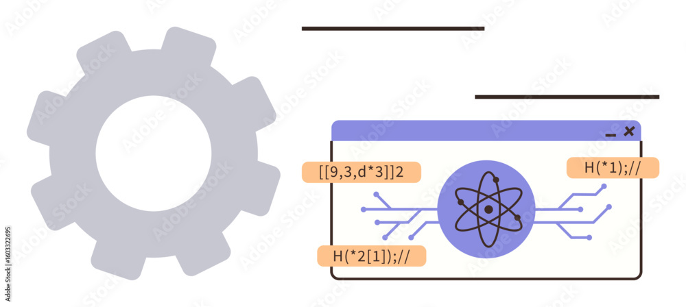 Poster gear symbol and browser window featuring atomic icon and code snippets. highlights innovation, engin