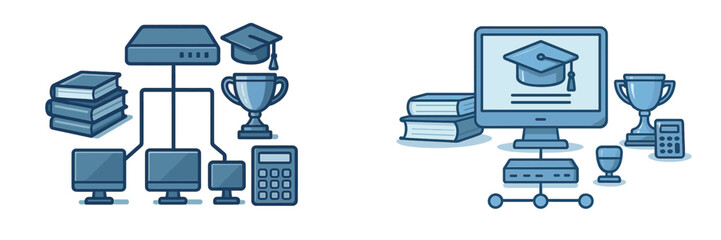 Educational technology network with computers, books, and awards representing learning achievements
