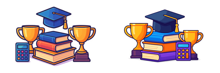 Graduation symbols including books, trophies, and a calculator displayed creatively in a vibrant design