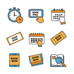 Book Now Icon Set with Calendar Clock Ticket and Hand
