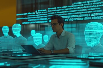"A futuristic businessman in a high-tech office, surrounded by holographic AI assistants, analyzing complex data on floating screens. 