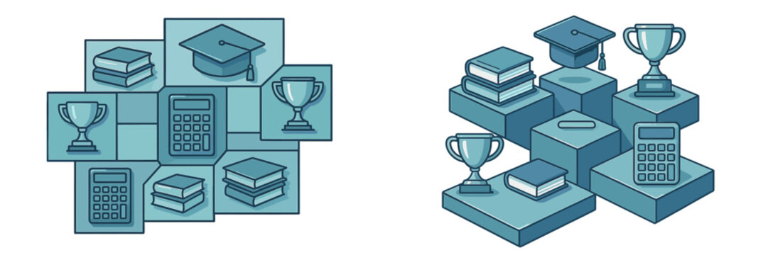 Educational symbols depicting graduation, achievement, and academic tools in an organized layout with a blue color theme