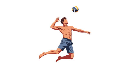 Male Volleyball Player Spiking Ball in Mid-Air Isolated on White Background
