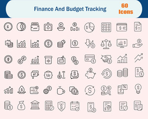 Black And White Finance And Budget Tracking Line Icons Set.